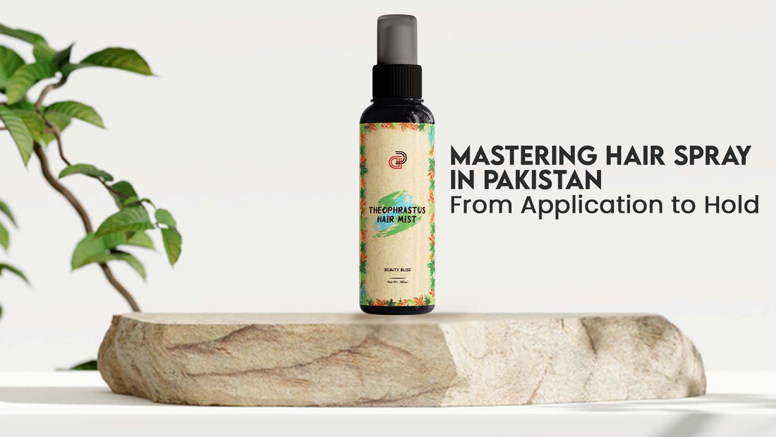 Organic hairspray bottle next to stylish hair accessories