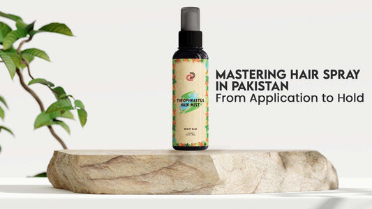 Organic hairspray bottle next to stylish hair accessories