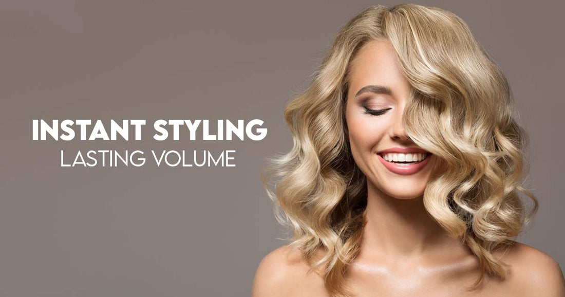 Blonde using heat protectant hair spray for voluminous curls"