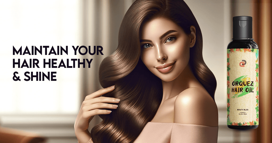 Woman with shiny, healthy hair holding a bottle of nourishing hair oil