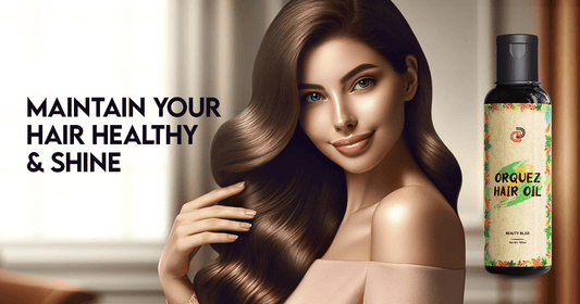 Woman with shiny, healthy hair holding a bottle of nourishing hair oil