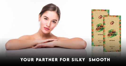 Woman beside wax strips for painless hair removal.