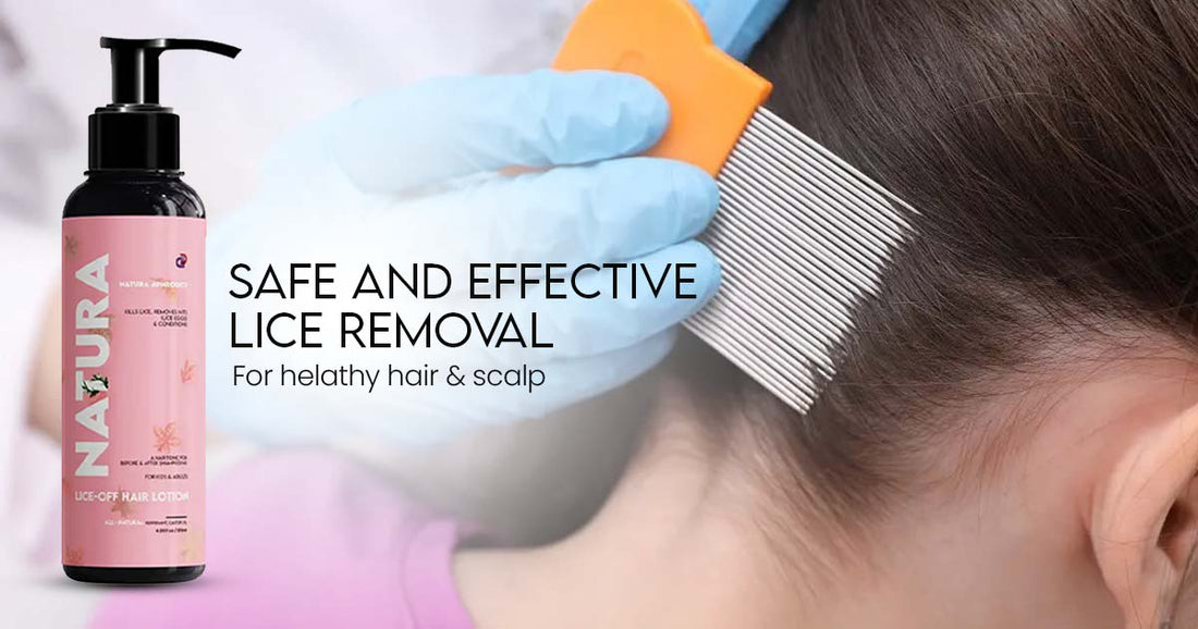 Child receiving anti-lice treatment with specialized lotion and comb for healthy scalp