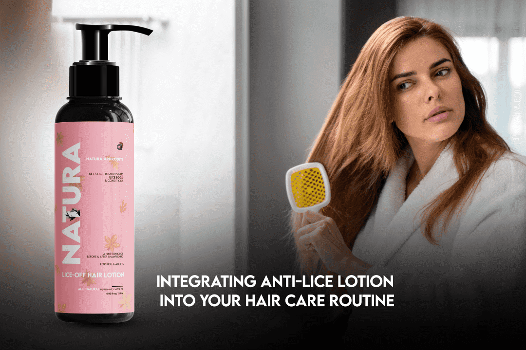 Woman using Natura anti-lice lotion, a key step in anti-lice treatment.