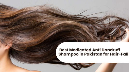 close-up of luscious, flowing hair with a caption overlay stating "Best Medicated Anti Dandruff Shampoo in Pakistan for Hair-Fall