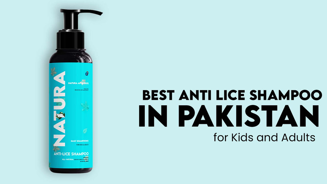  image for Natura Anti Lice Shampoo featuring a pump bottle against a blue background with text that reads "Best Anti Lice Shampoo in Pakistan for Kids and Adults