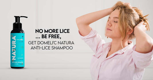 anti-lice treatment solution with natural ingredients, surrounded by lice comb and hair strands.