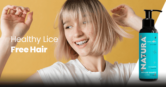 girl showcasing Natura Anti-Lice Shampoo for healthy, lice-free hair.