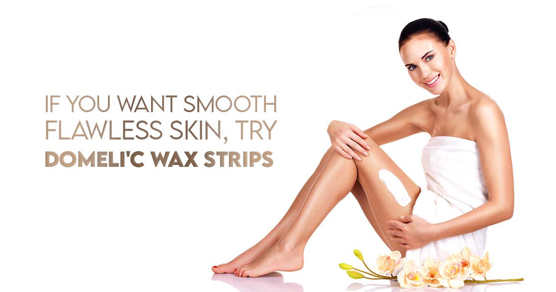 Woman using Domeli'C wax strips for smooth and flawless leg skin