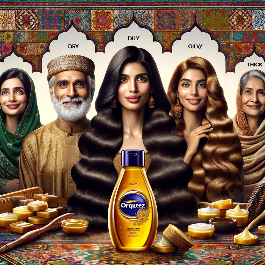 A vibrant advertisement for Orquez Hair Oil, showcasing a multi-generational family with various hair types, from dry to thick, all radiating health and shine thanks to the nourishing oil.