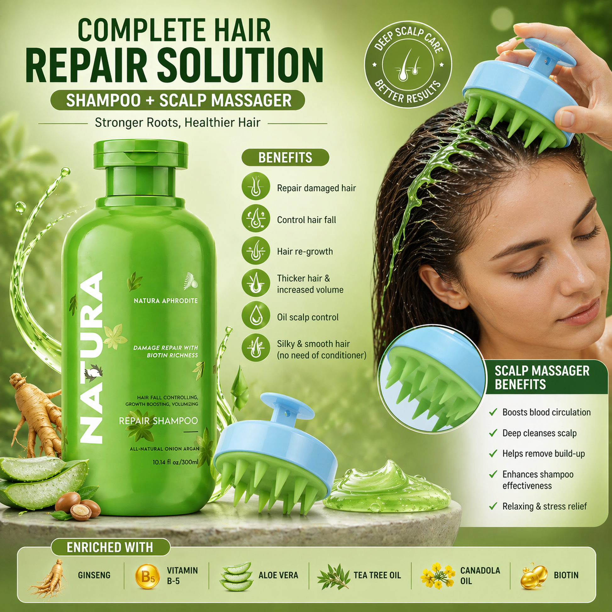 A promotional graphic for a green Natura Repair Shampoo bottle with a blue-and-green scalp massager, shown alongside a woman using the massager on her hair. The design includes benefit callouts, ingredient highlights, and a clean green background.