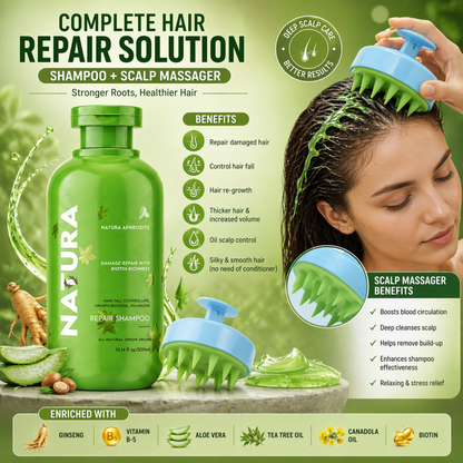 A promotional graphic for a green Natura Repair Shampoo bottle with a blue-and-green scalp massager, shown alongside a woman using the massager on her hair. The design includes benefit callouts, ingredient highlights, and a clean green background.
