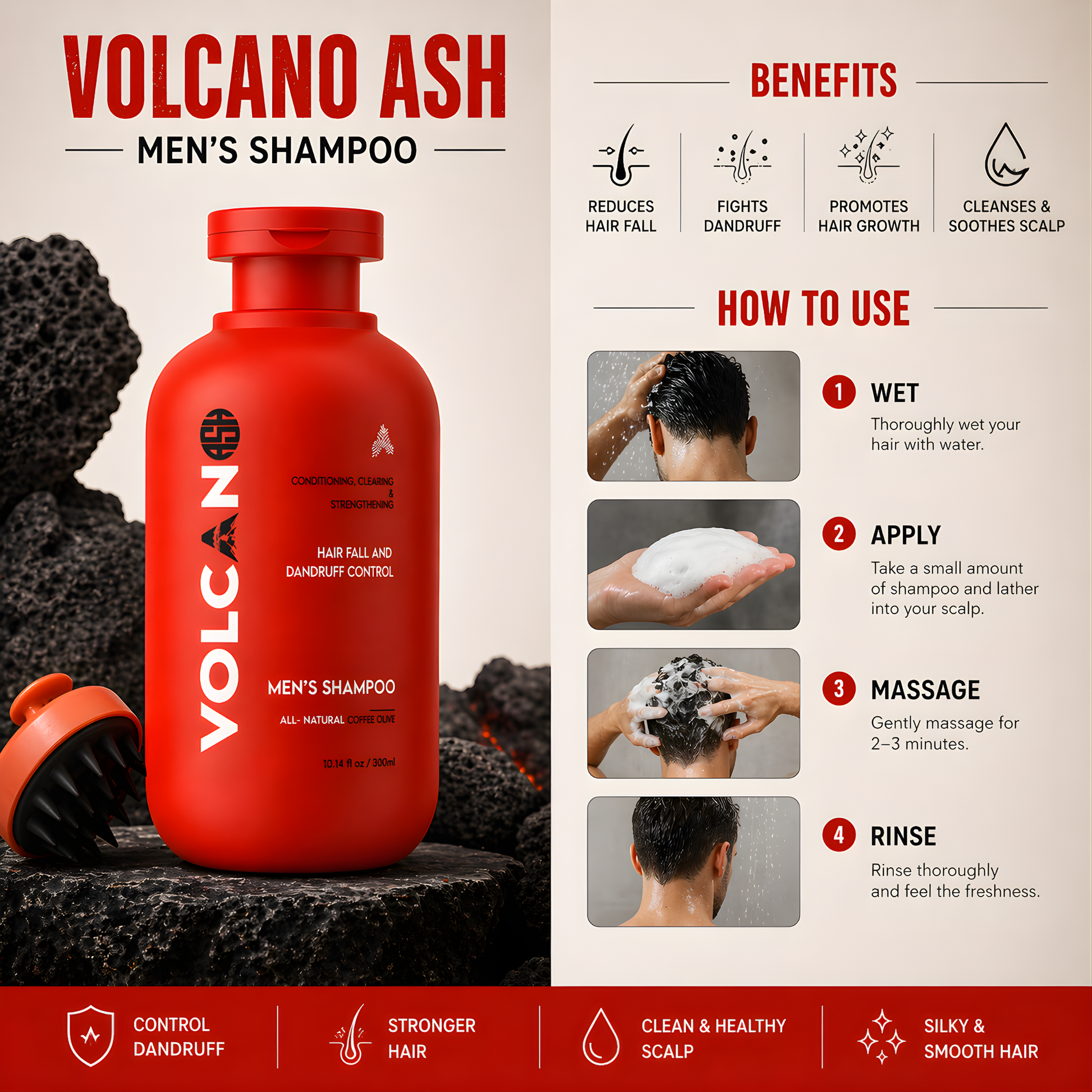 Volcano Ash Men's Shampoo bottle in red, shown with an orange cap on a dark volcanic rock background. The right side features a beige panel with 'Benefits' and 'How to Use' text and step-by-step photos of hair washing.