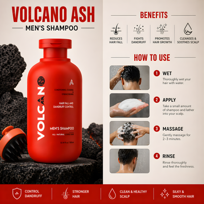 Volcano Ash Men's Shampoo bottle in red, shown with an orange cap on a dark volcanic rock background. The right side features a beige panel with 'Benefits' and 'How to Use' text and step-by-step photos of hair washing.