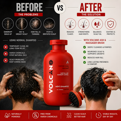 A promotional before-and-after graphic for a red Volcan Men's Hair and Scalp Control shampoo bottle, showing scalp buildup on the left and cleaner, healthier hair on the right, with hands using a red and orange scalp brush in both scenarios.