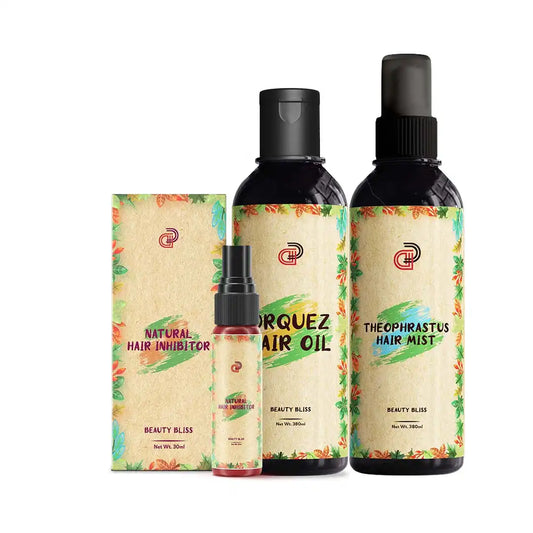All-in-one package for healthy hair growth, no breakage, straightened look, and permanent body hair removal. Includes Natural Hair Inhibitor, Orquez Hair Oil, and Theophrastus Hair Mist. 
