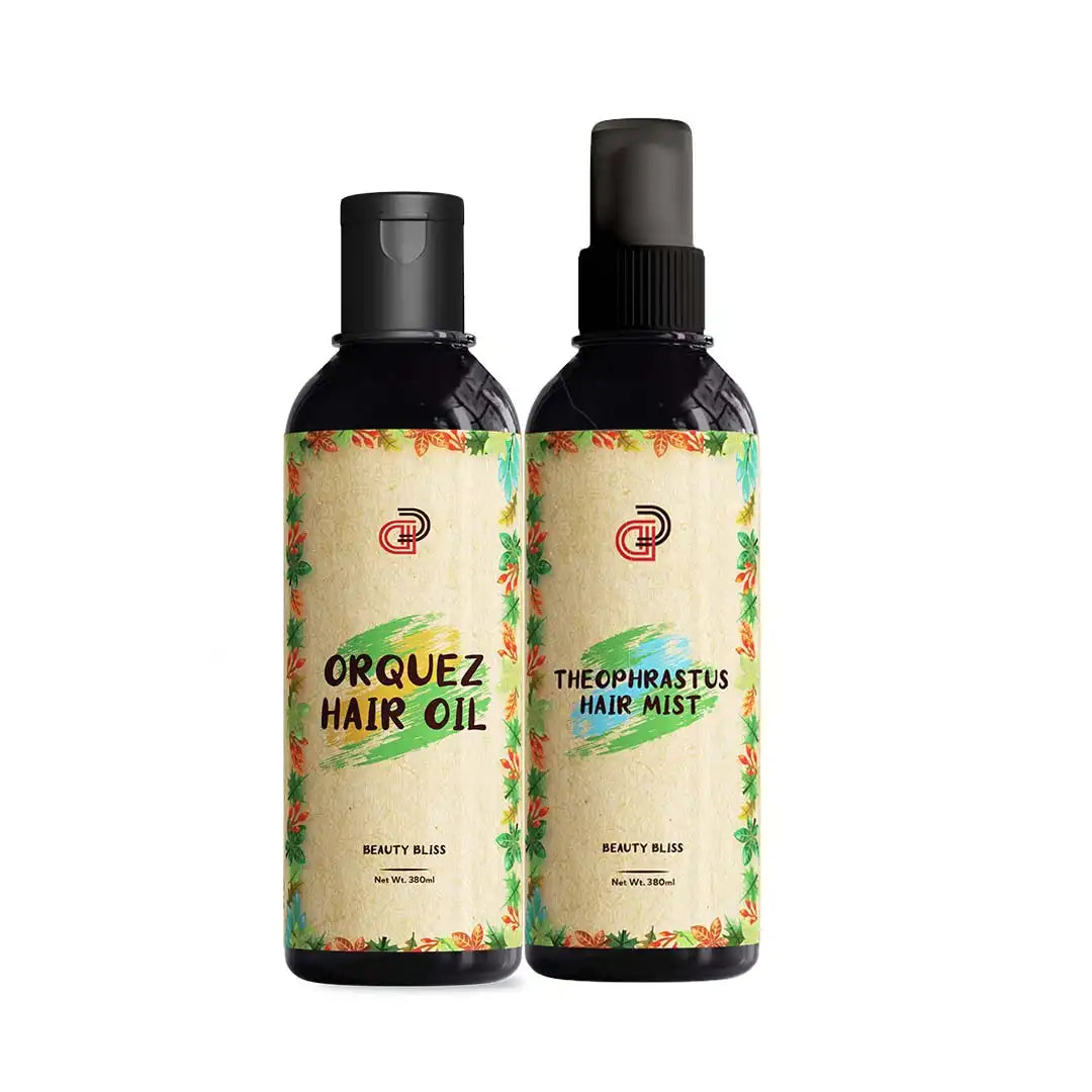 Elevate your family's hair health with Domeli'C's complete Hair Care Bundle, featuring Orquez Hair Oil and Theophrastus Hair Mist. Ideal for monthly use